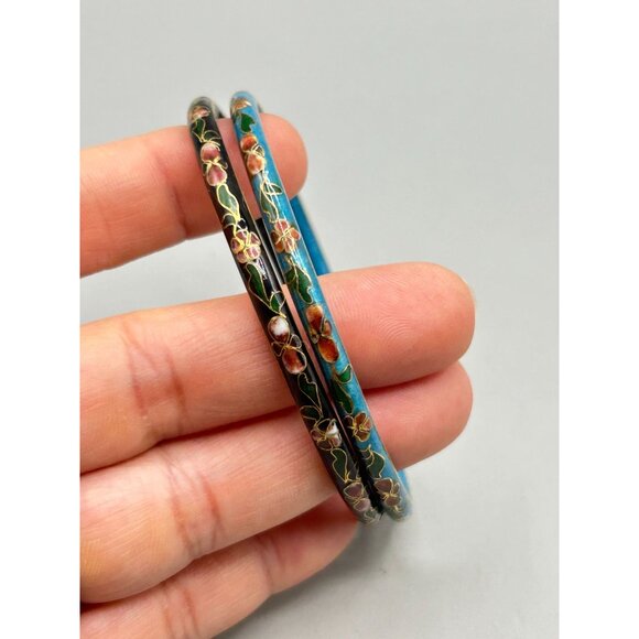 Set of 2 Cloisonne Enamel Bangles with Floral Design Black & Blue Thin Bracelets - Picture 4 of 6
